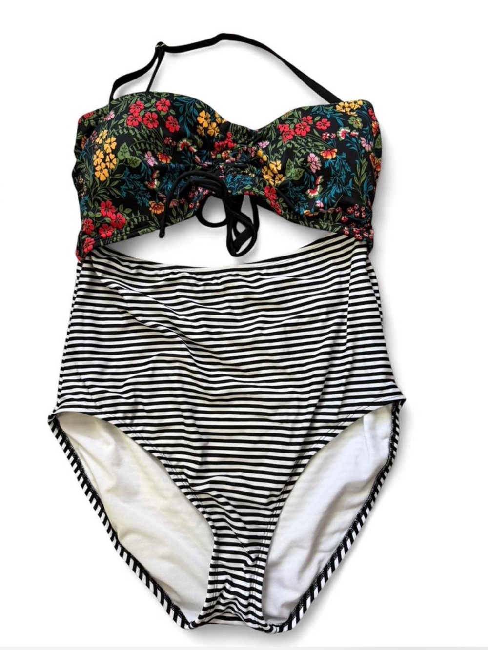 Time and Tru Black Floral & Black-White Striped One-Piece Swimsuit